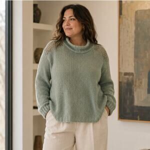 Eileen Fisher Sage Wool Cashmere Mock Neck Sweater 1X Open Knit Quiet Luxury